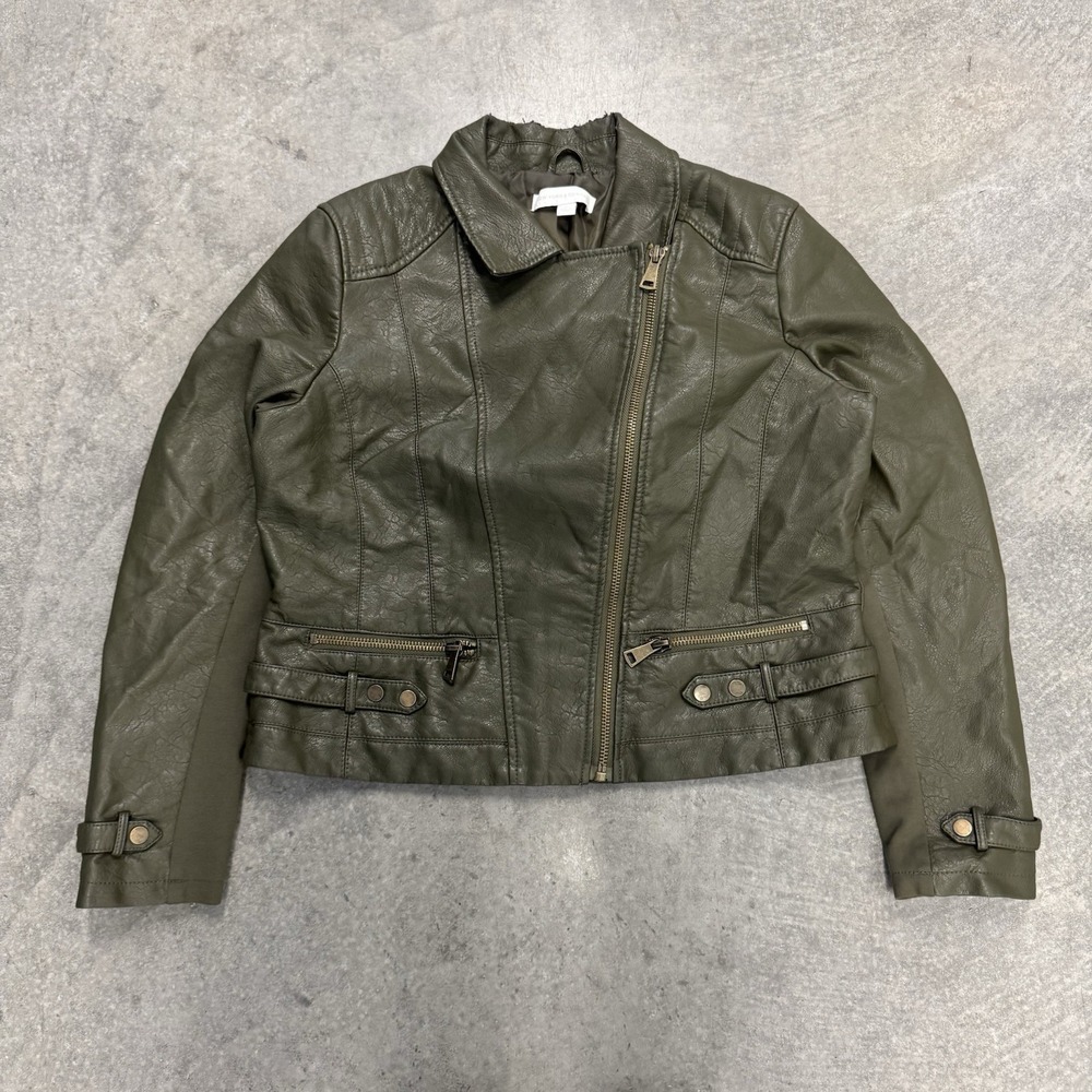 Women's Green Faux Leather Motto Jacket New York and Company Side Zip Faux XL